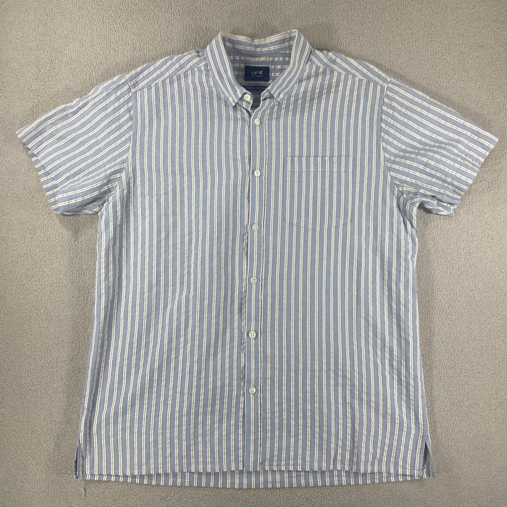 Unit Men's XL Short Sleeve Button-Down Striped Shirt Gold/Blue/White